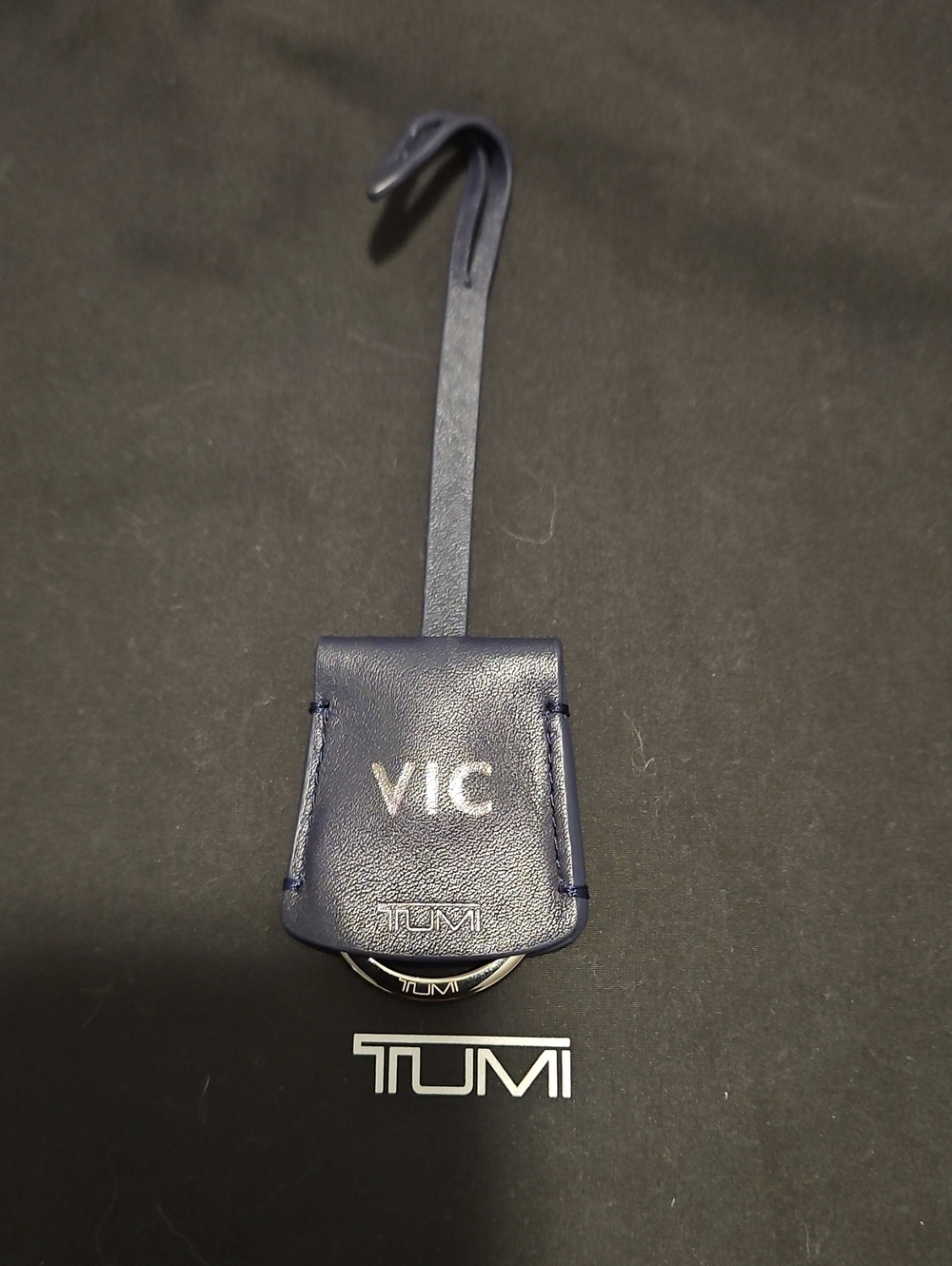 Tumi Navy Leather Luggage Tag with Monogram VIC